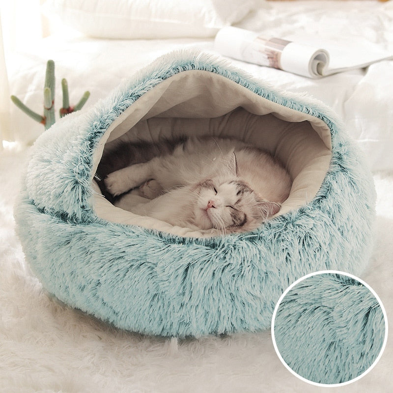 Lit Cocon Pour Chat D'hiver - Cave En Peluche Douce Avec Entrée Semi-fermée - Coussin Amovible Lavable - Taille M (48x30x20 Cm) - 9